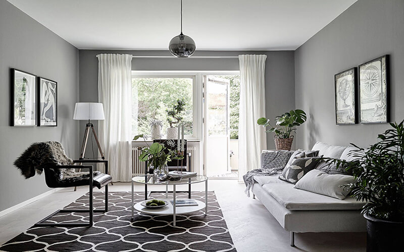 Phòng khách màu xám khói mạnh mẽ và hiện đại